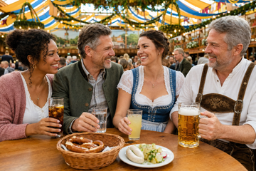 Vier Freunde feiern alkoholfrei im Oktoberfest-Festzelt mit alkoholfreiem Bier, Spezi und Wasser auf dem Tisch.