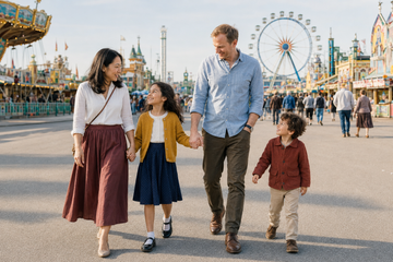 Familie mit Kindern am Vormittag auf dem Oktoberfest 2026 in München
