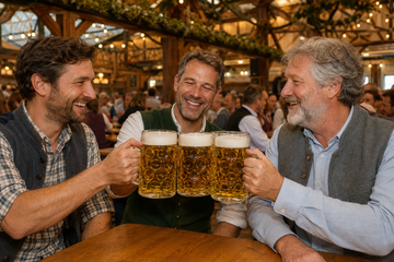 Drei Freunde stoßen im Festzelt mit drei Maß Oktoberfestbier an