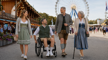 Inklusive Freundesgruppe mit Rollstuhlfahrer vor dem Riesenrad auf dem Oktoberfest 2026