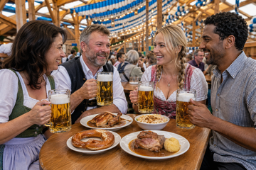Freunde genießen Hendl, Brezn und Bier gemeinsam in einem Oktoberfest-Festzelt 2026