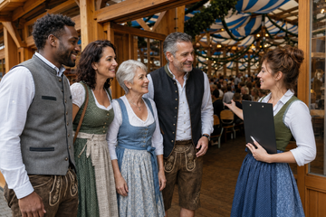 Vier Freunde beim Check-in für ihre Tischreservierung am Oktoberfest-Festzelt 2026