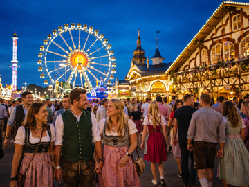 Oktoberfest 2026 am Abend mit beleuchteten Festzelten und Fahrgeschäften