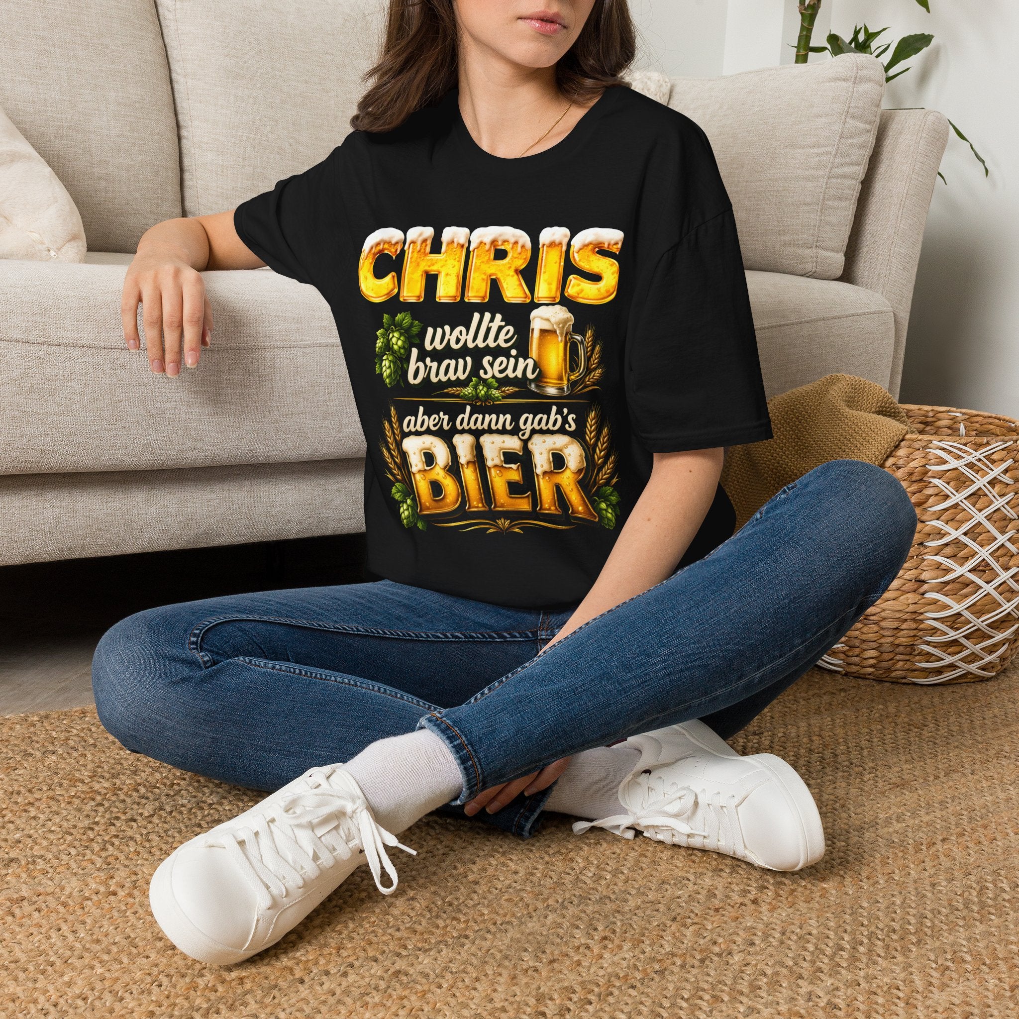 T-Shirt — Personalized "Chris wollte brav sein, Bier" Beer Name Tee