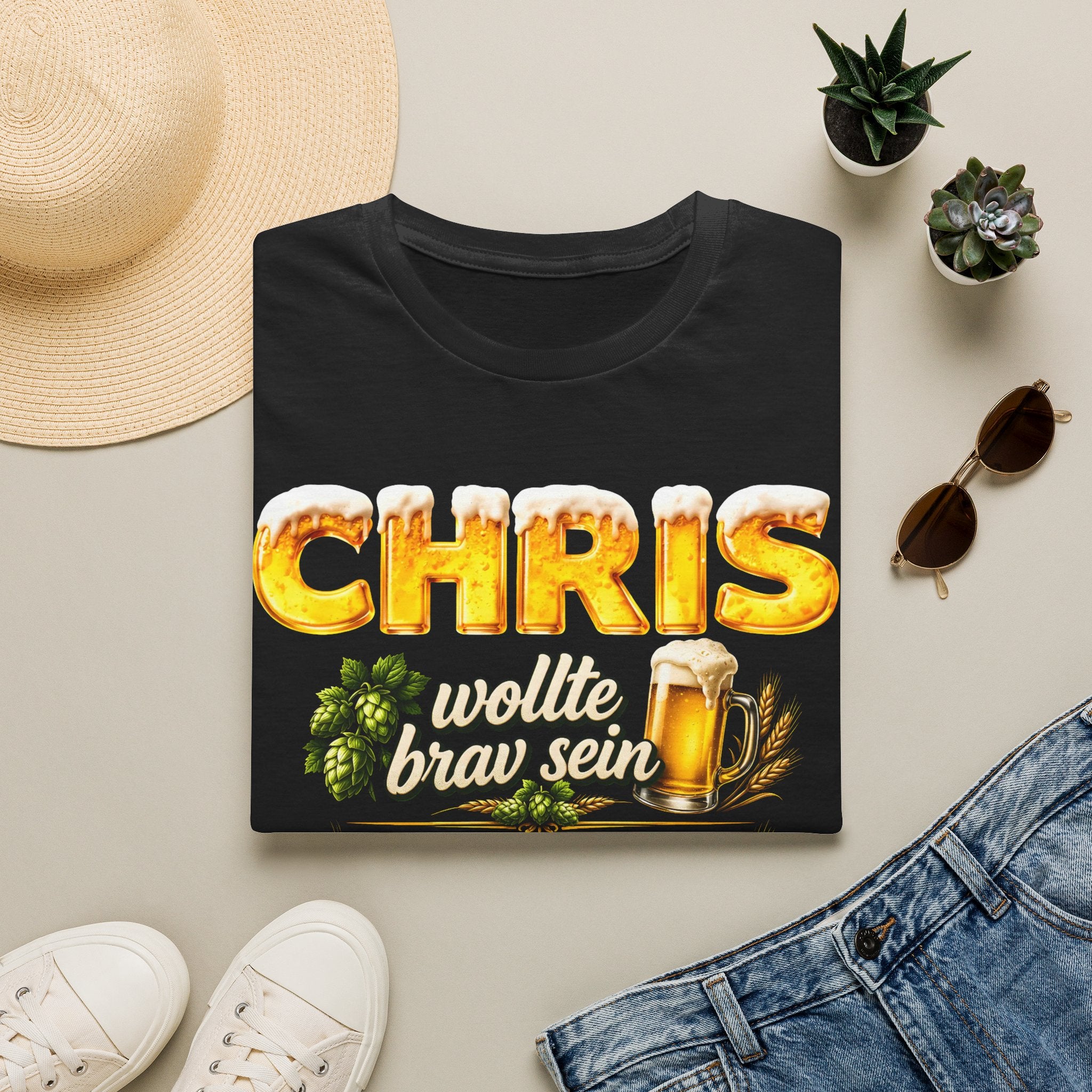 T-Shirt — Personalized "Chris wollte brav sein, Bier" Beer Name Tee