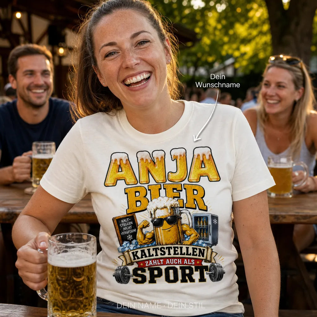 Personalisiertes Bier T-Shirt mit Namen - Kaltstellen zählt als Sport