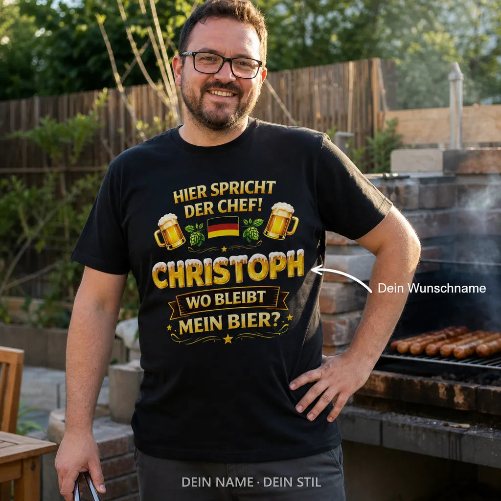 Personalisiertes Bier Chef T-Shirt mit Namen - Wo bleibt mein Bier?