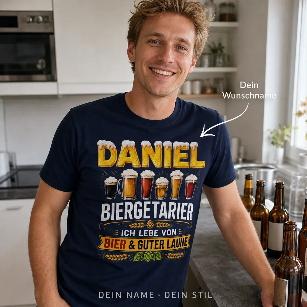 Personalisiertes Bier T-Shirt mit Namen - Bier und guter Laune