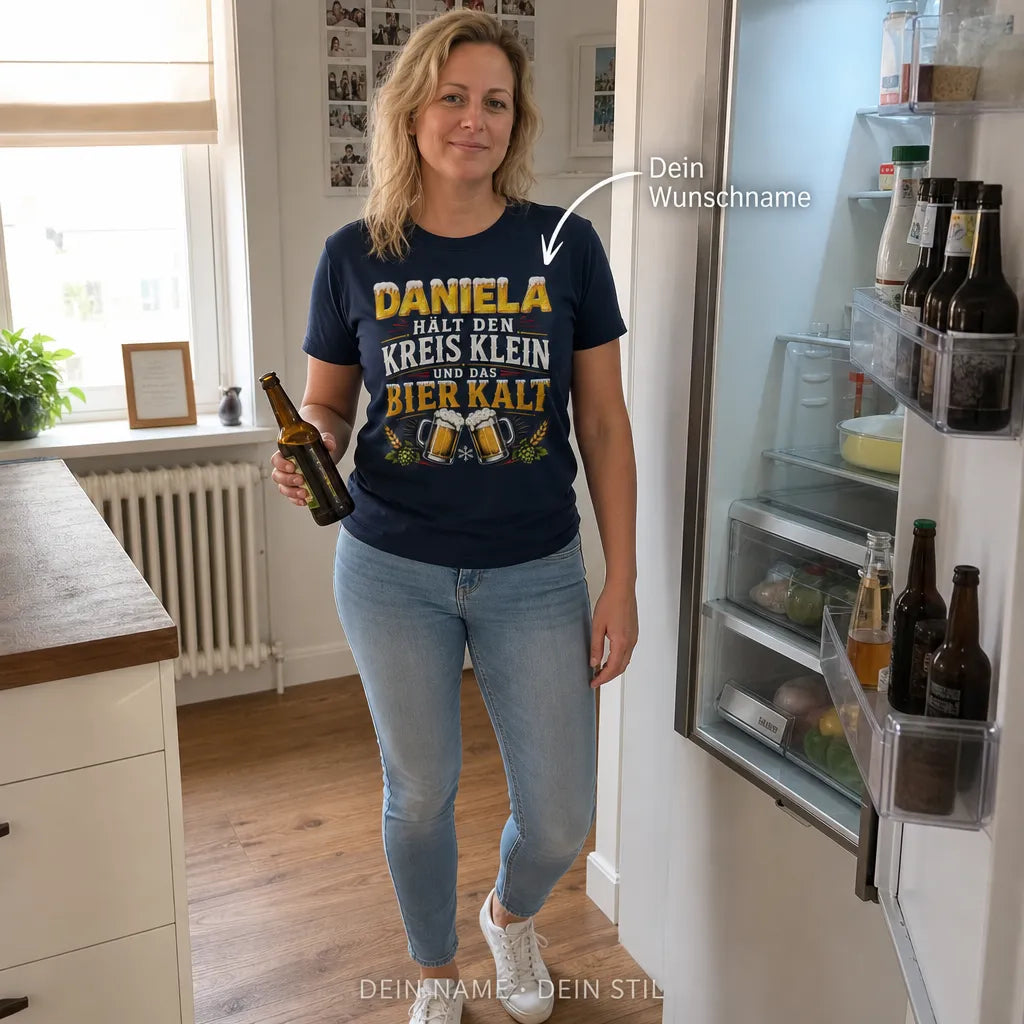 Personalisiertes Bier T-Shirt mit Namen - Kreis klein, Bier kalt