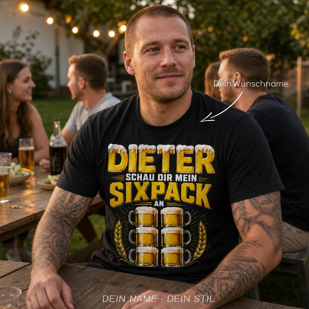 Personalisiertes Bier T-Shirt mit Namen - Schau dir meinen Sixpack an