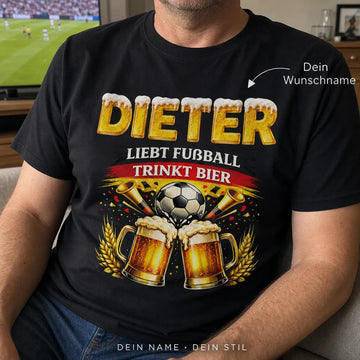 Personalisiertes Fußball Bier T-Shirt mit Namen - Liebt Fußball, trinkt Bier