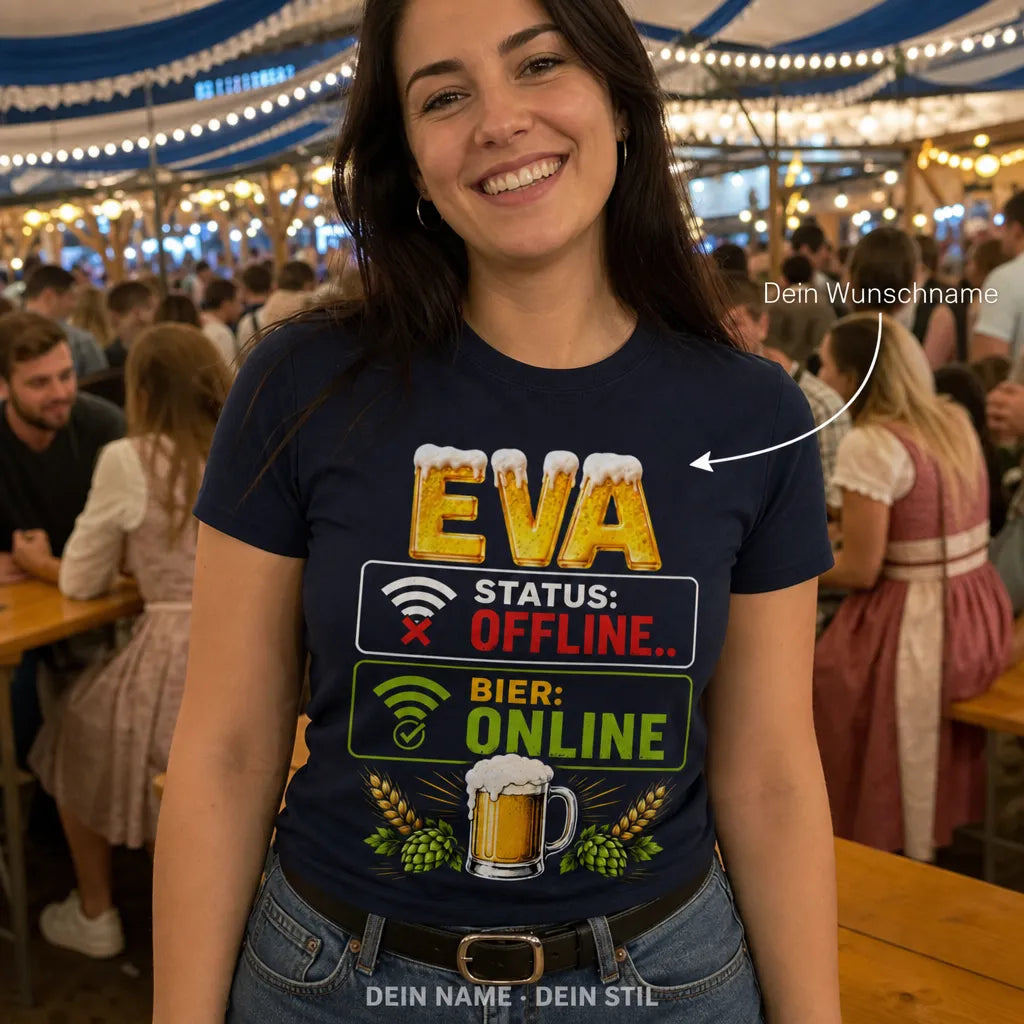 Personalisiertes Bier T-Shirt mit Namen - Status offline, Bier online