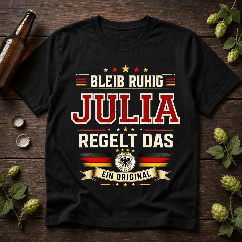 Personalisiertes Deutschland Fußball T-Shirt mit Namen - Bleib ruhig, sie regelt das