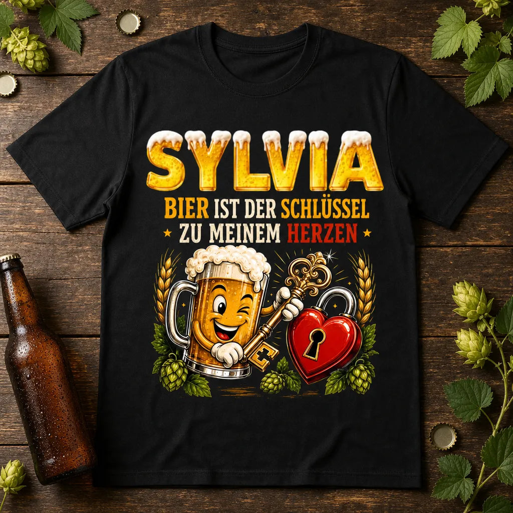 Personalisiertes Bier T-Shirt mit Namen - Schlüssel zu meinem Herzen