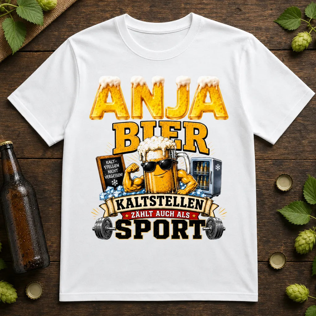 Personalisiertes Bier T-Shirt mit Namen - Kaltstellen zählt als Sport
