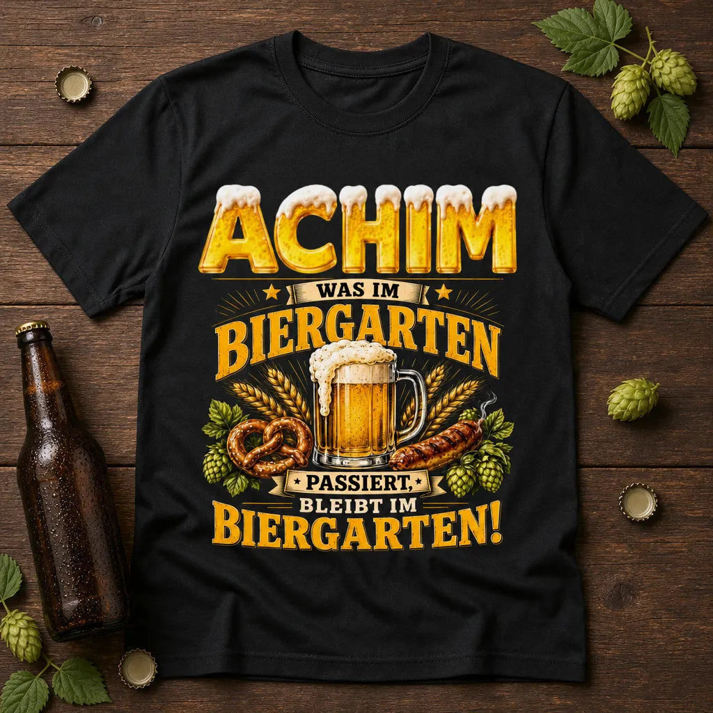 Personalisiertes Biergarten T-Shirt mit Namen - Was im Biergarten passiert