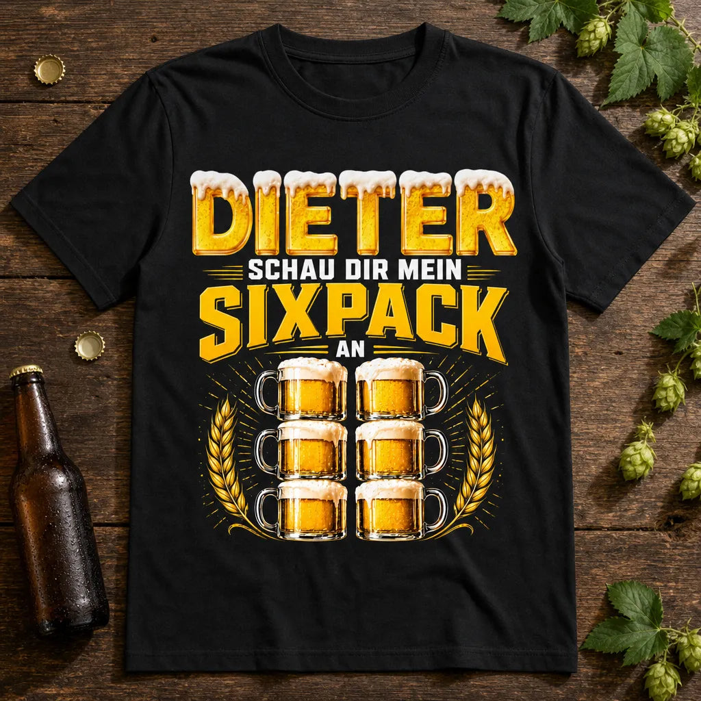 Personalisiertes Bier T-Shirt mit Namen - Schau dir meinen Sixpack an