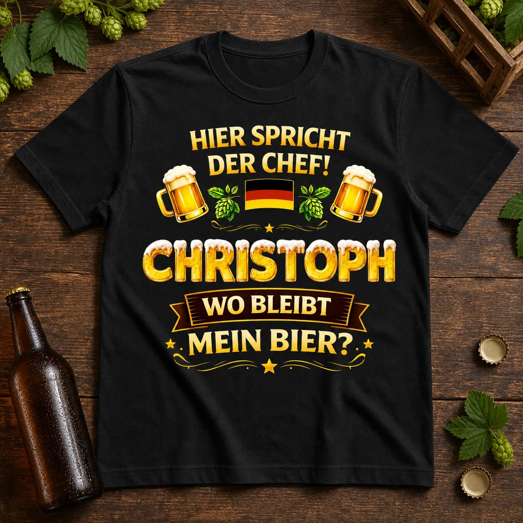 Personalisiertes Bier Chef T-Shirt mit Namen - Wo bleibt mein Bier?