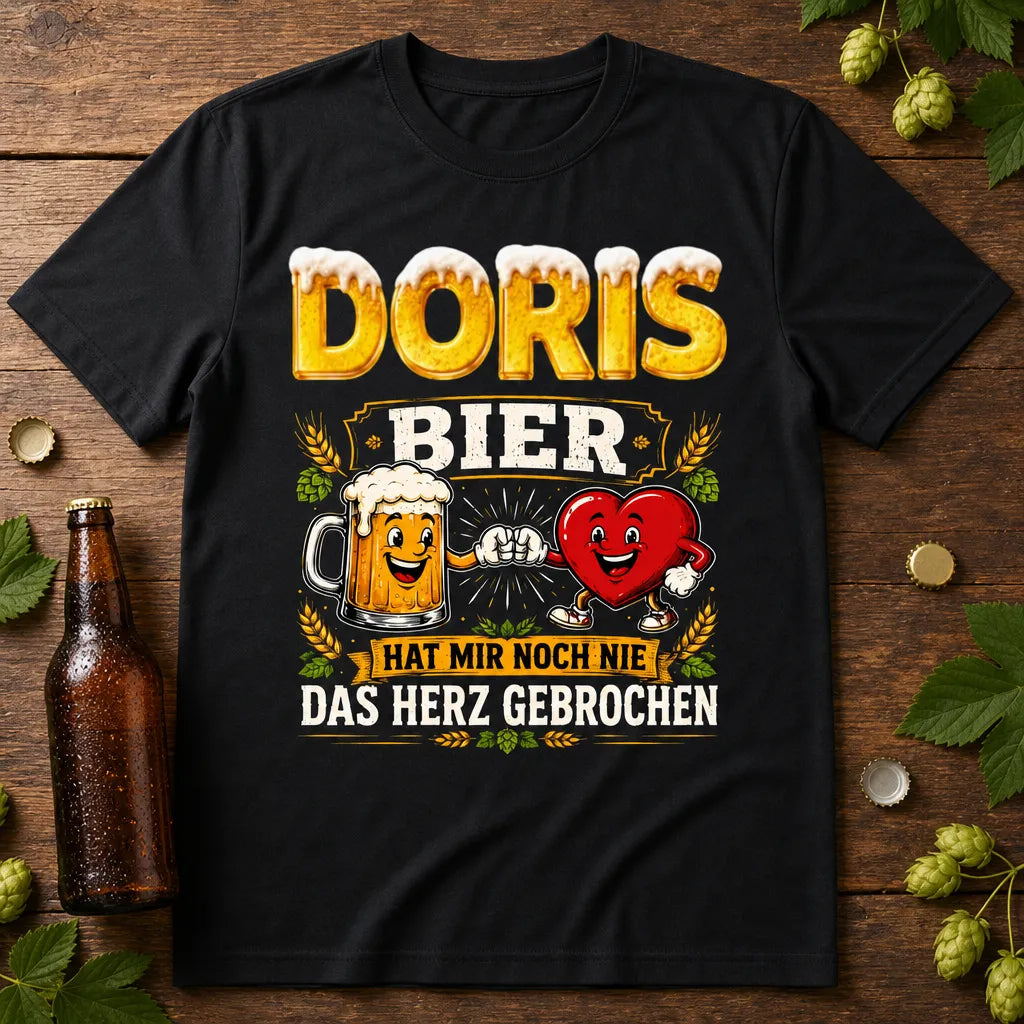 Personalisiertes Bier T-Shirt mit Namen - Bier bricht nie das Herz