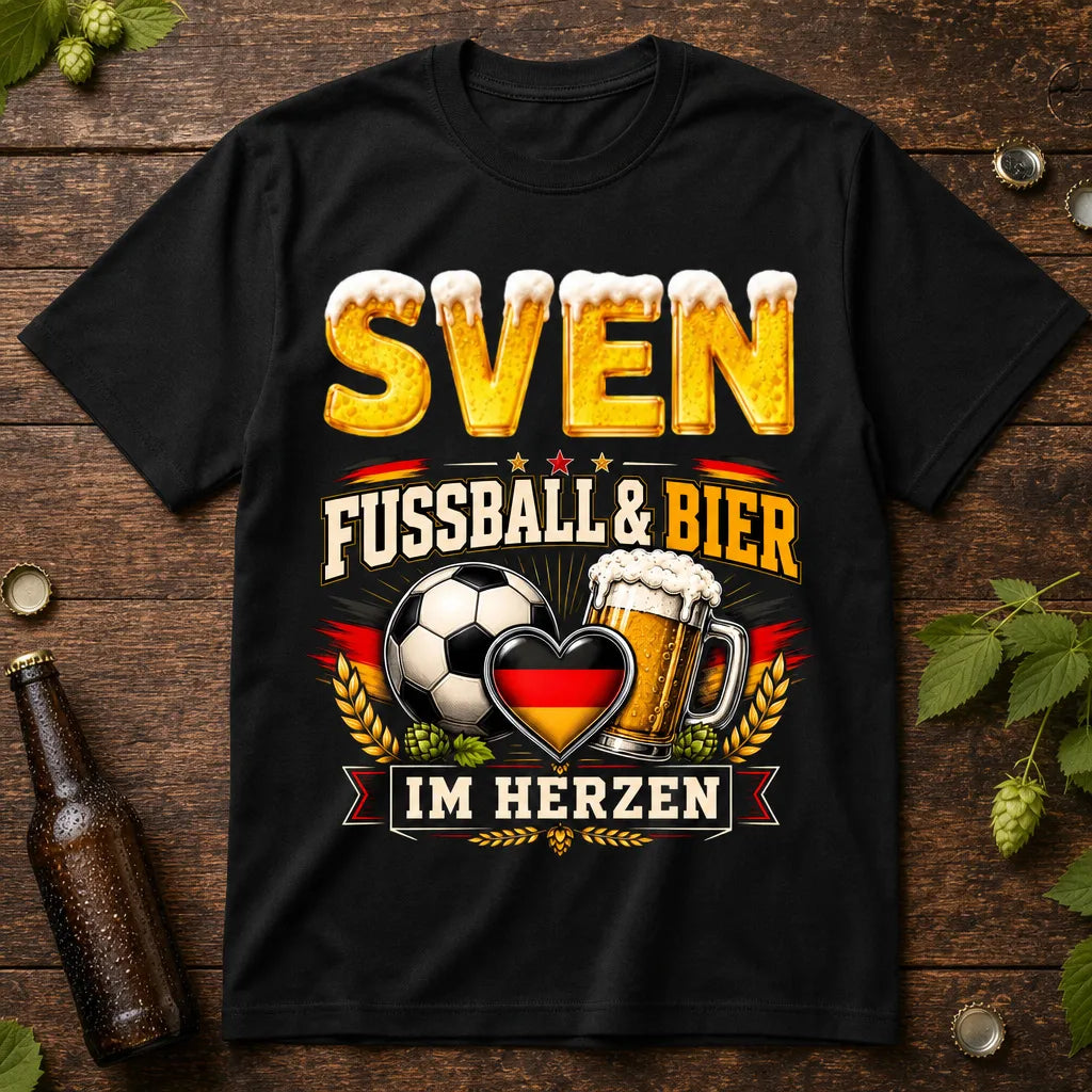 Personalisiertes Fußball Bier T-Shirt mit Namen - Fußball & Bier im Herzen