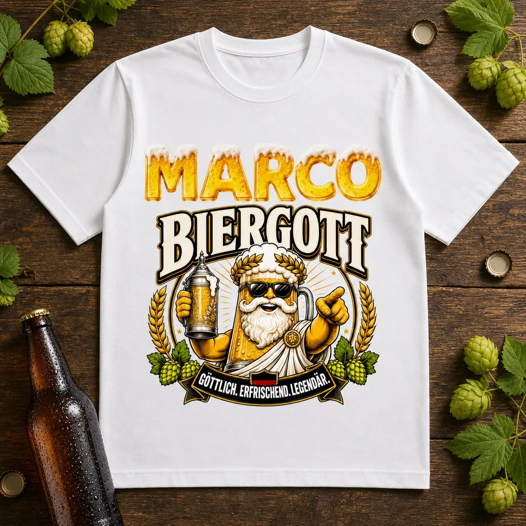 Personalisiertes Bier T-Shirt mit Namen - Göttlich. Erfrischend. Legendär.