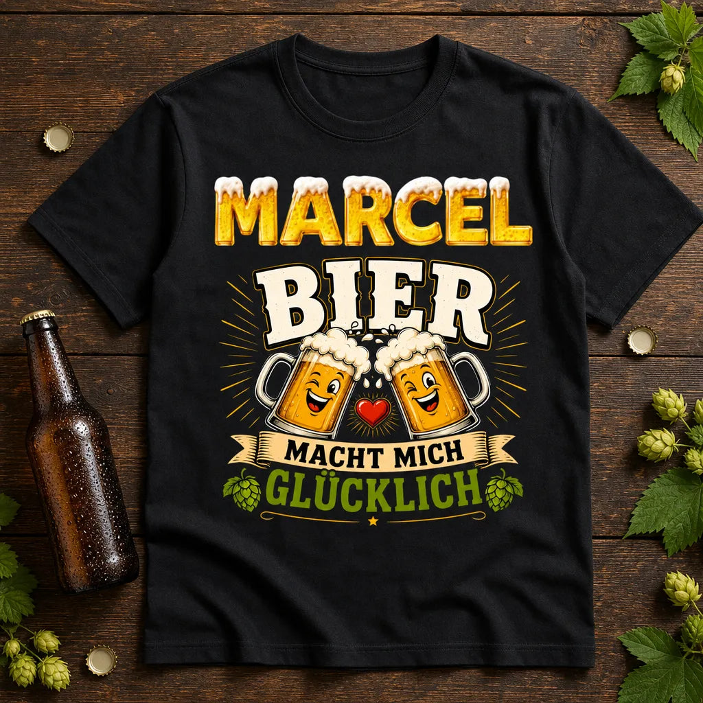 Personalisiertes Bier T-Shirt mit Namen - Bier macht mich glücklich