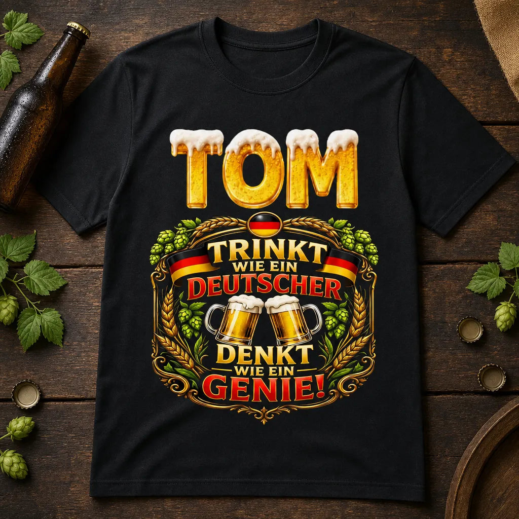 Personalisiertes Bier Deutschland T-Shirt mit Namen - Trinkt deutsch, denkt genial