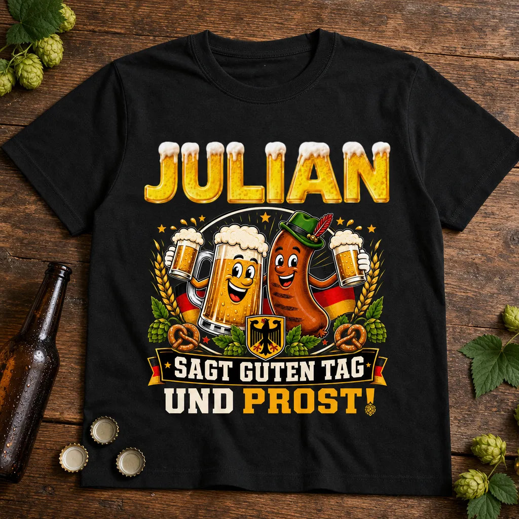 Personalisiertes Bier Wurst T-Shirt mit Namen - Prost und Guten Tag!