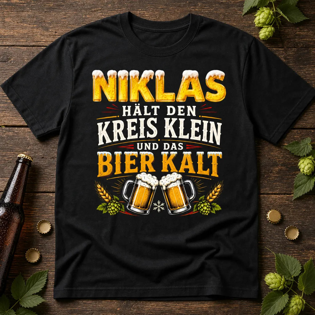 Personalisiertes Bier T-Shirt mit Namen - Kreis klein, Bier kalt