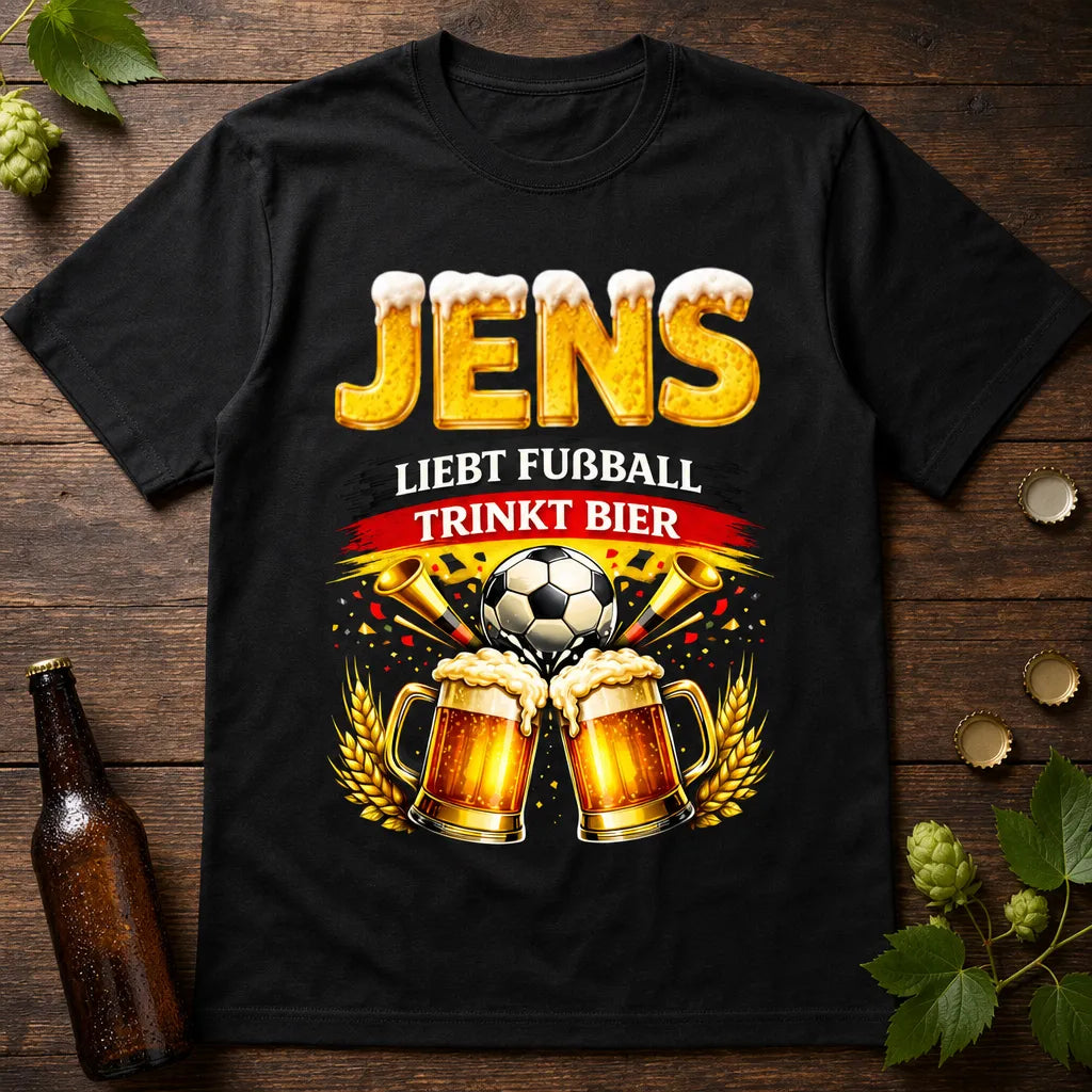 Personalisiertes Fußball Bier T-Shirt mit Namen - Liebt Fußball, trinkt Bier