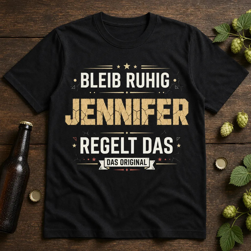 Personalisiertes Spruch T-Shirt mit Namen - Bleib Ruhig, sie regelt das