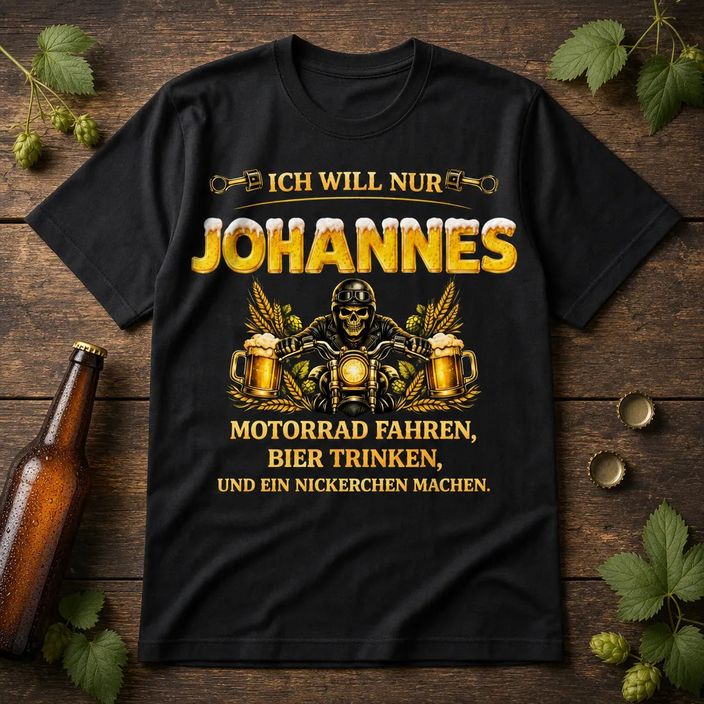 Personalisiertes Motorrad Bier T-Shirt mit Namen - Fahren, Trinken, Schlafen