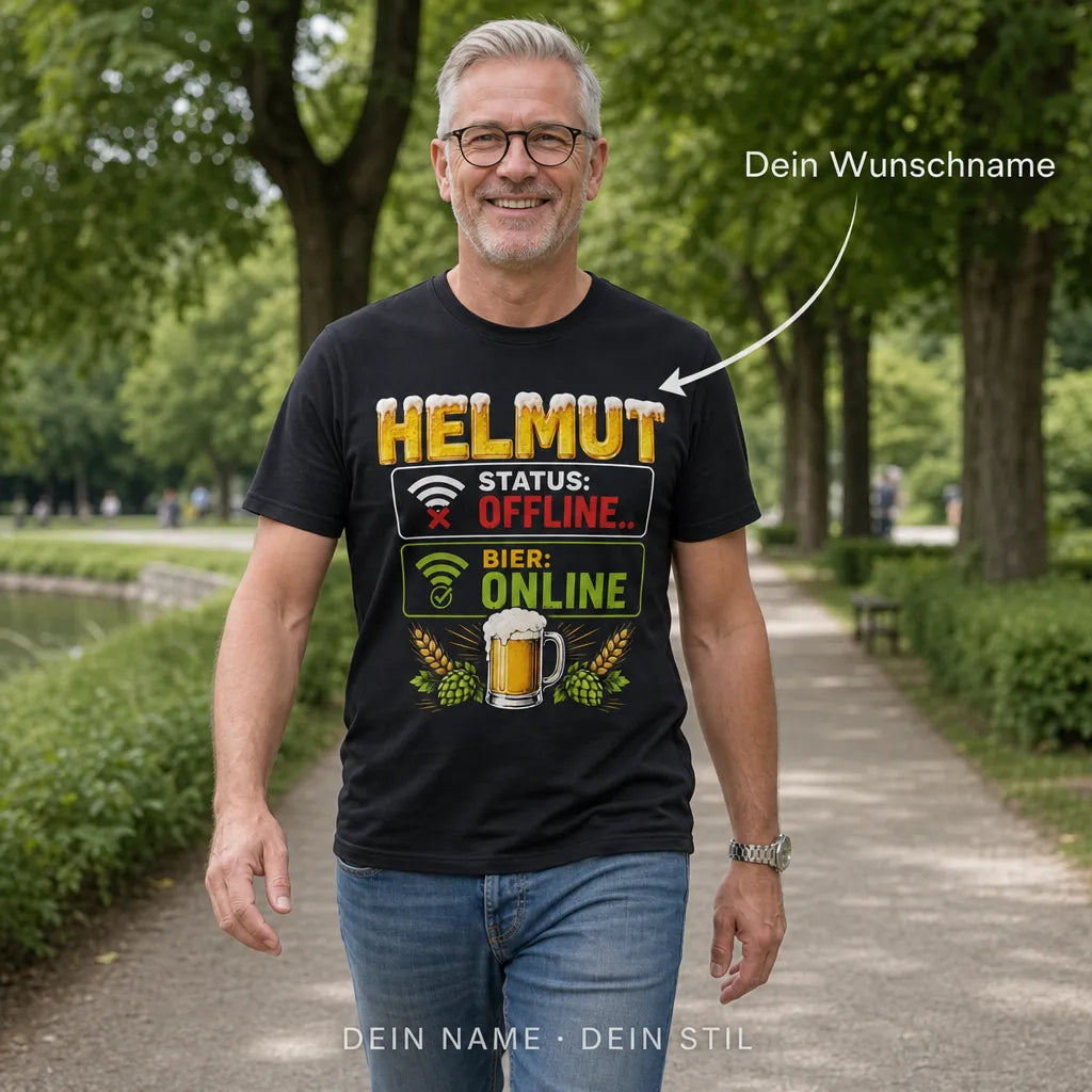 Personalisiertes Bier T-Shirt mit Namen - Status offline, Bier online