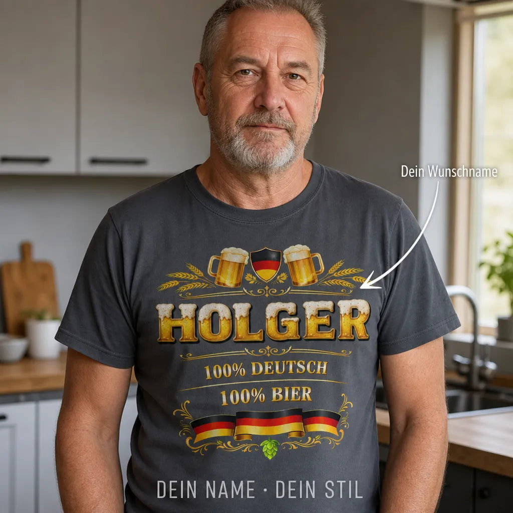 Personalisiertes Bier Deutschland T-Shirt mit Namen - 100% Deutsch, 100% Bier