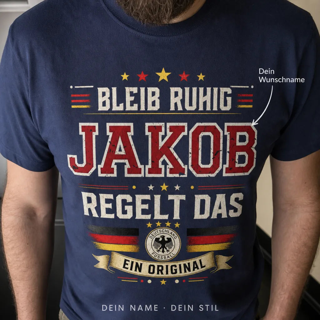Personalisiertes Deutschland Fußball T-Shirt mit Namen - Bleib ruhig, sie regelt das