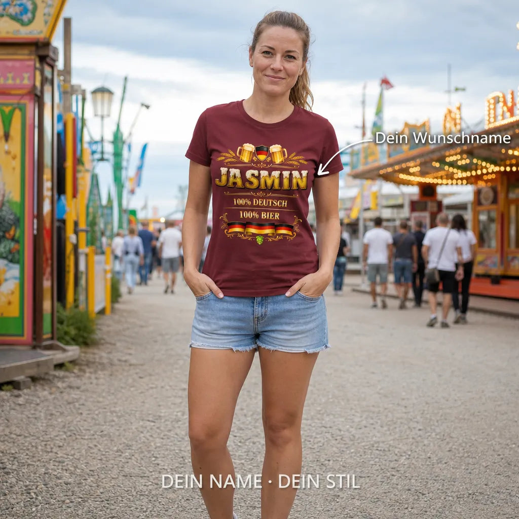 Personalisiertes Bier Deutschland T-Shirt mit Namen - 100% Deutsch, 100% Bier