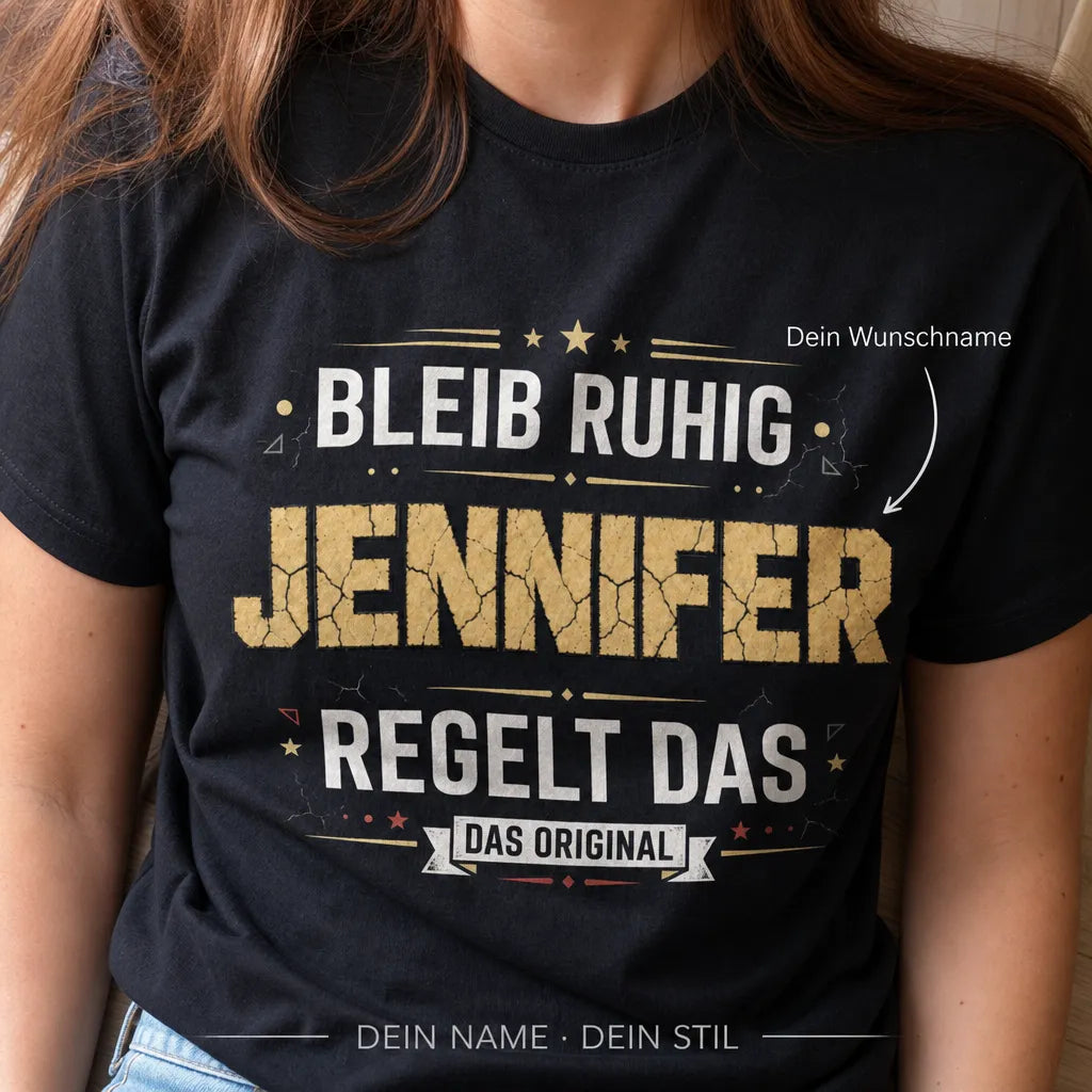 Personalisiertes Spruch T-Shirt mit Namen - Bleib Ruhig, sie regelt das