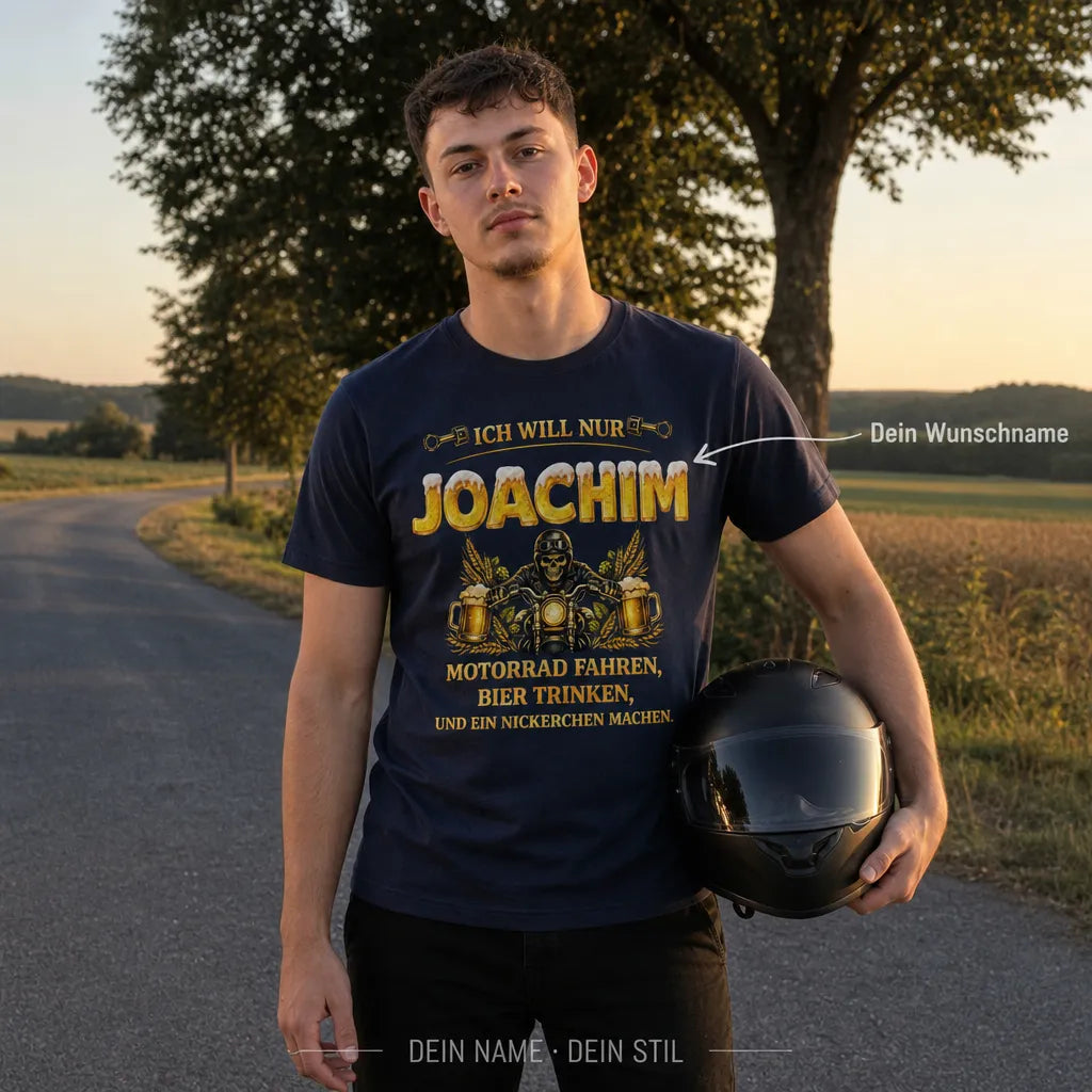 Personalisiertes Motorrad Bier T-Shirt mit Namen - Fahren, Trinken, Schlafen
