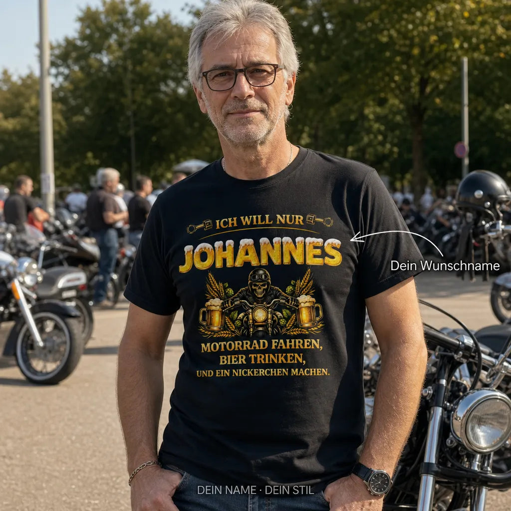 Personalisiertes Motorrad Bier T-Shirt mit Namen - Fahren, Trinken, Schlafen