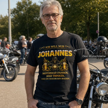 Personalisiertes Motorrad Bier T-Shirt mit Namen - Fahren, Trinken, Schlafen