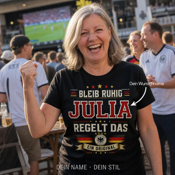 Personalisiertes Deutschland Fußball T-Shirt mit Namen - Bleib ruhig, sie regelt das