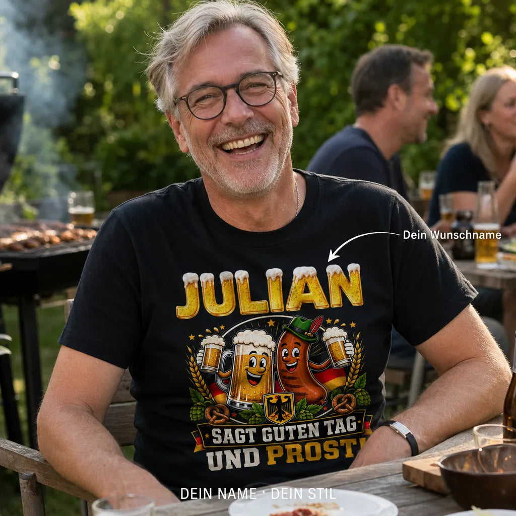 Personalisiertes Bier Wurst T-Shirt mit Namen - Prost und Guten Tag!