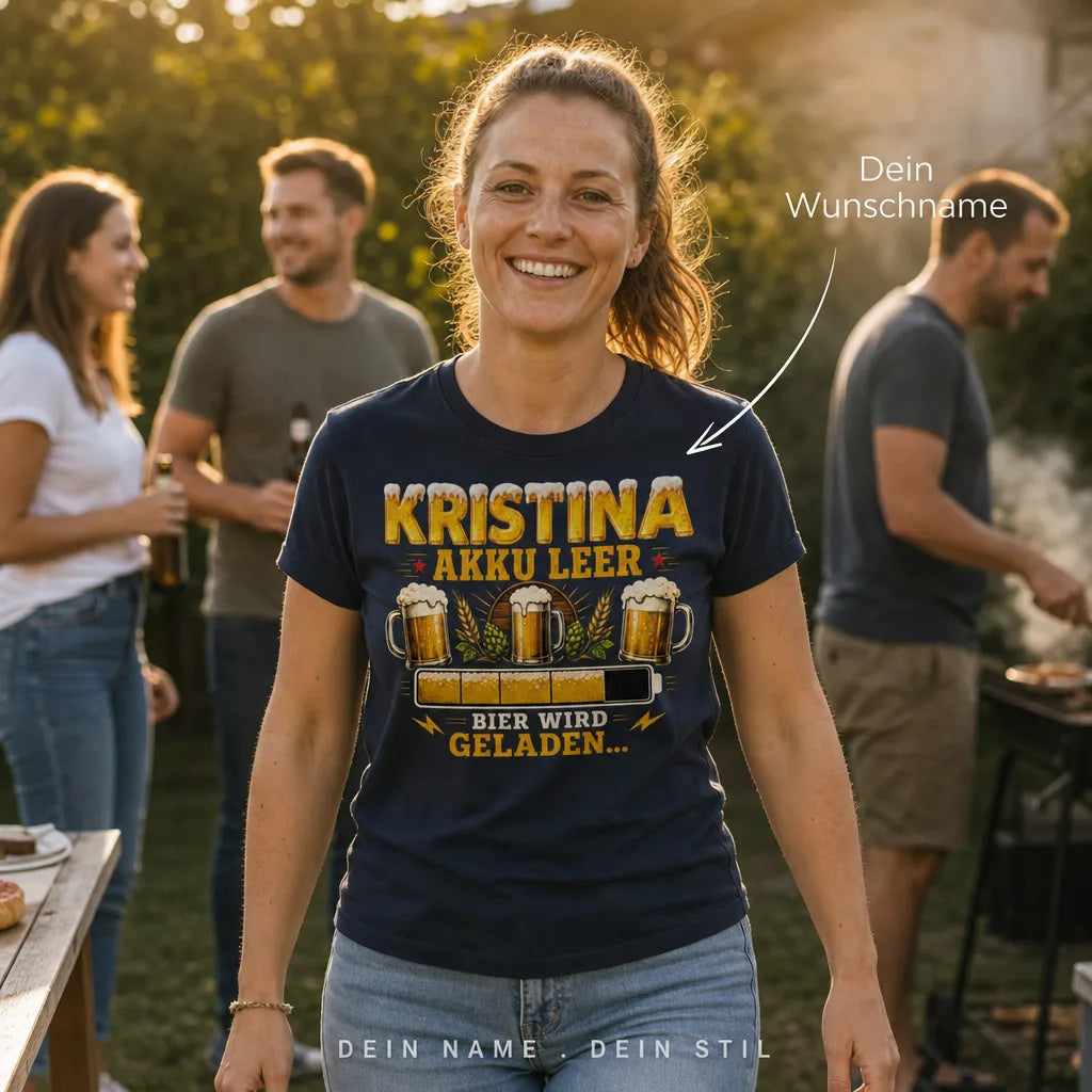 Personalisiertes Bier T-Shirt mit Namen - Akku leer, Bier lädt