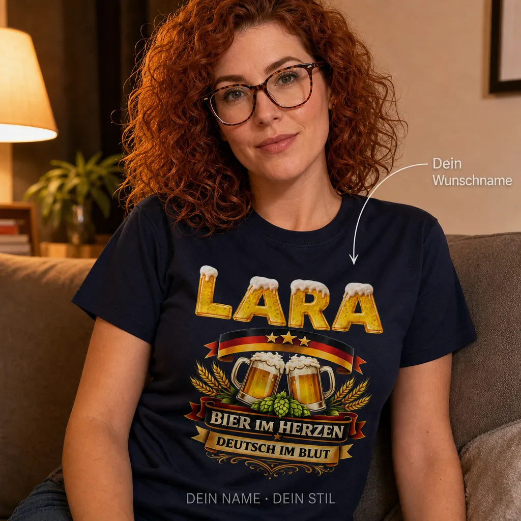 Personalisiertes Bier Deutschland T-Shirt mit Namen - Bier im Herzen, Deutsch im Blut