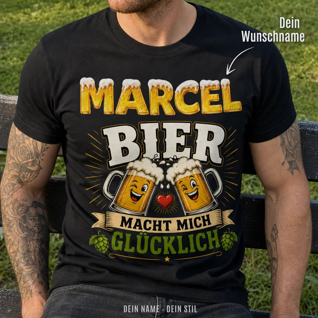 Personalisiertes Bier T-Shirt mit Namen - Bier macht mich glücklich