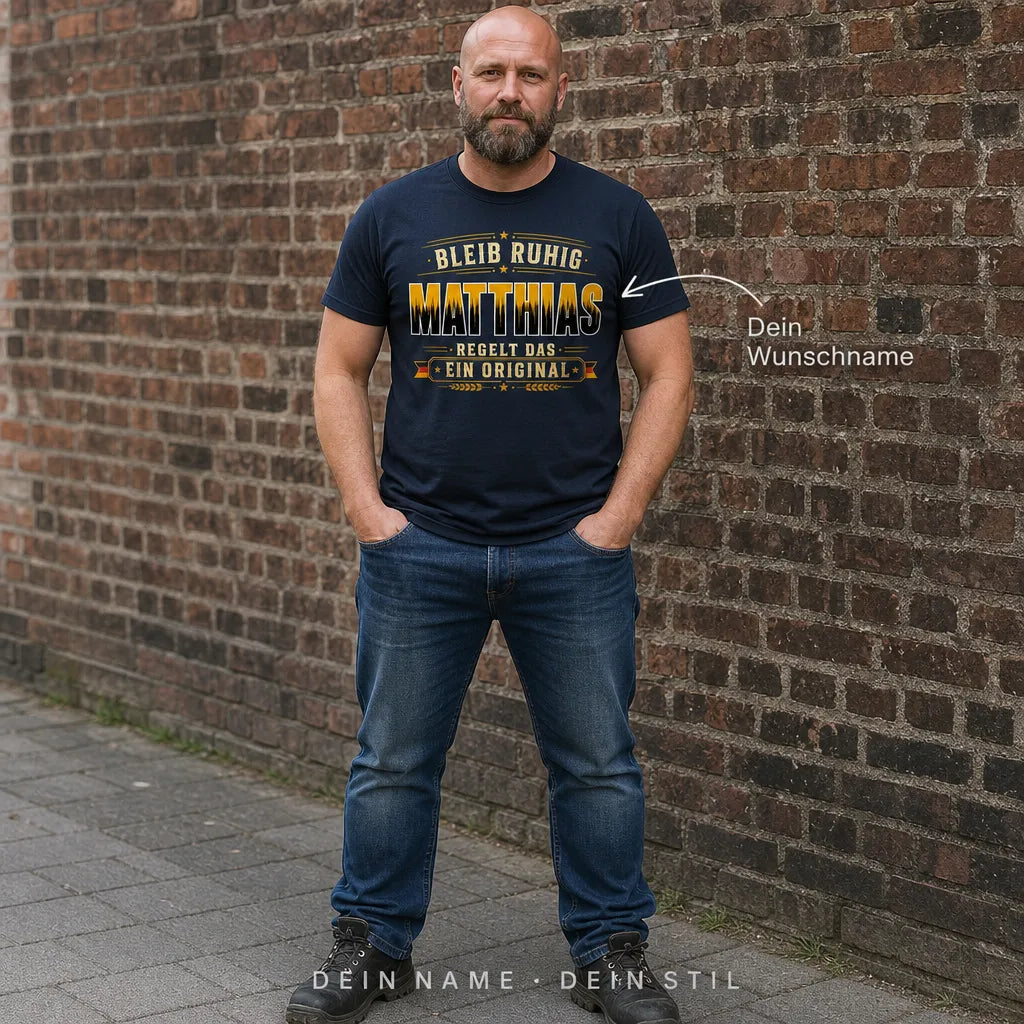 Personalisiertes Original T-Shirt mit Namen - Bleib ruhig, Name regelt das