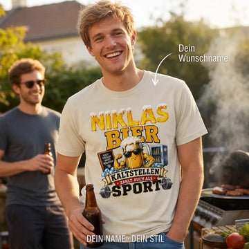 Personalisiertes Bier T-Shirt mit Namen - Kaltstellen zählt als Sport