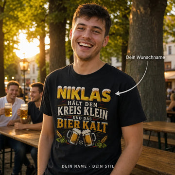 Personalisiertes Bier T-Shirt mit Namen - Kreis klein, Bier kalt