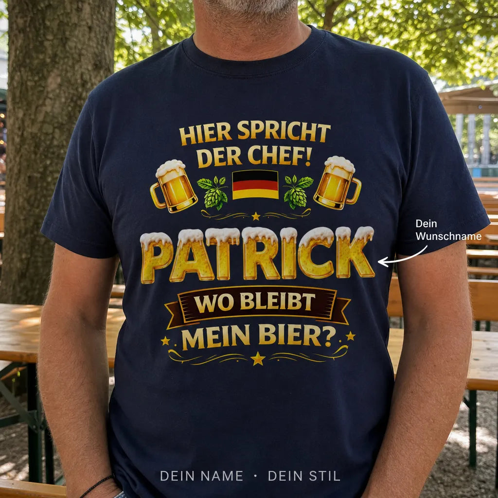Personalisiertes Bier Chef T-Shirt mit Namen - Wo bleibt mein Bier?