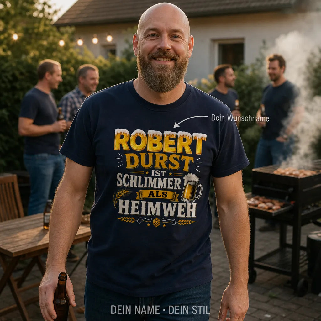 Personalisiertes Bier T-Shirt mit Namen - Durst schlimmer als Heimweh